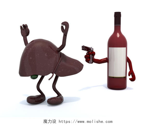 白色背景下指着人类肝脏的3D红色葡萄酒瓶